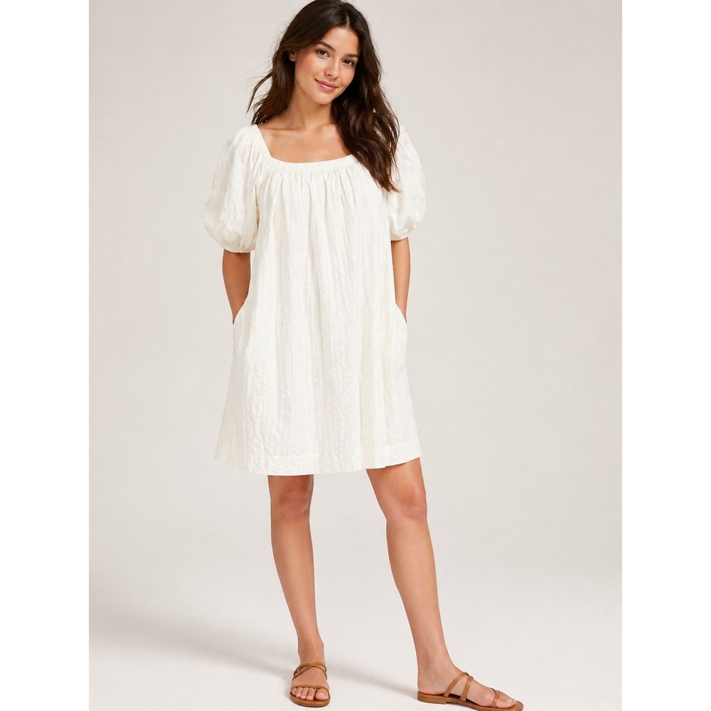 Old Navy Womens Cottagecore Puff Sleeve Textured Shift Dress White S NEW Mini